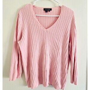 Lauren Ralph Lauren Women’s Pink Cotton Ribbed V-Neck Pullover Sweater XL
